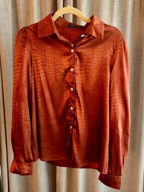 Burnt Orange Snakeskin Silk Button Down- Shein- Small